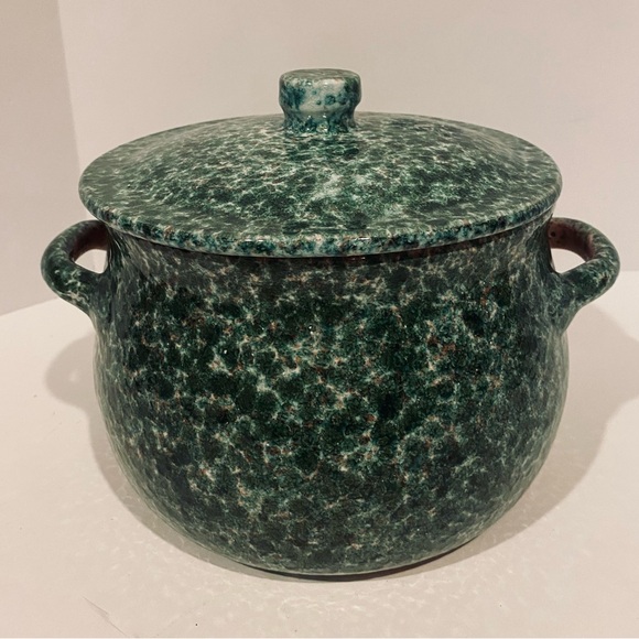 Indoor Outfitters Over And Back Teal Spongeware Bean Crock Lidded Made In Italy - Picture 1 of 9